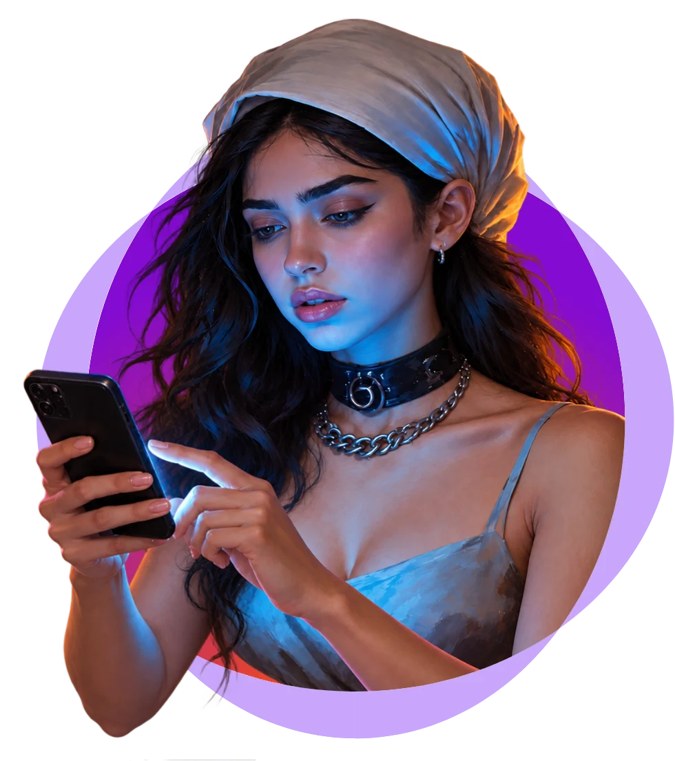 A character looking at her phone inside the Fictional portal